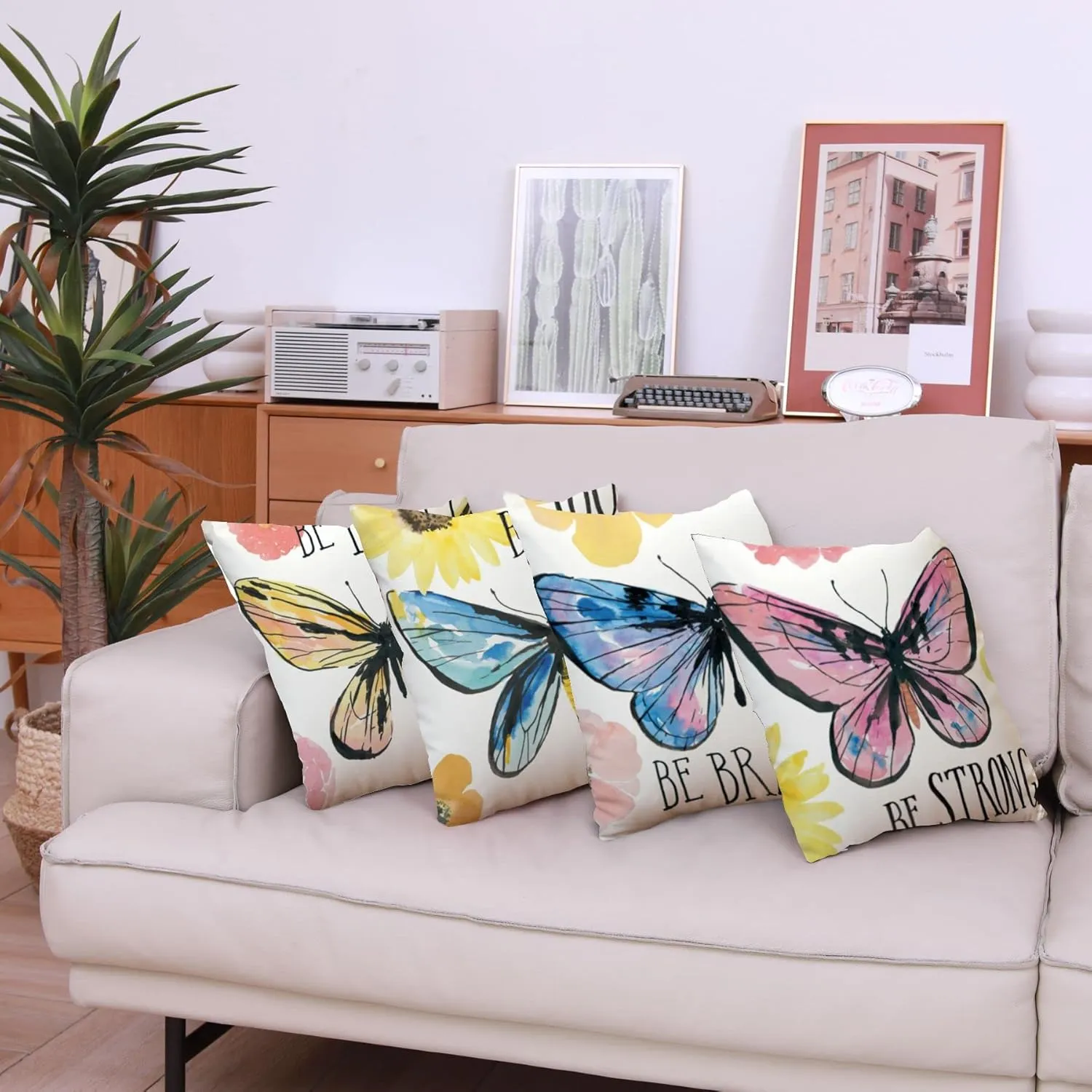 Butterfly Decorative Throw Pillow Cover Set of 4, Cushion Cover Two Sides Print Decorative Square Pillowcases Linen Cushion Cover 20 X 20 Inch 4 Pack