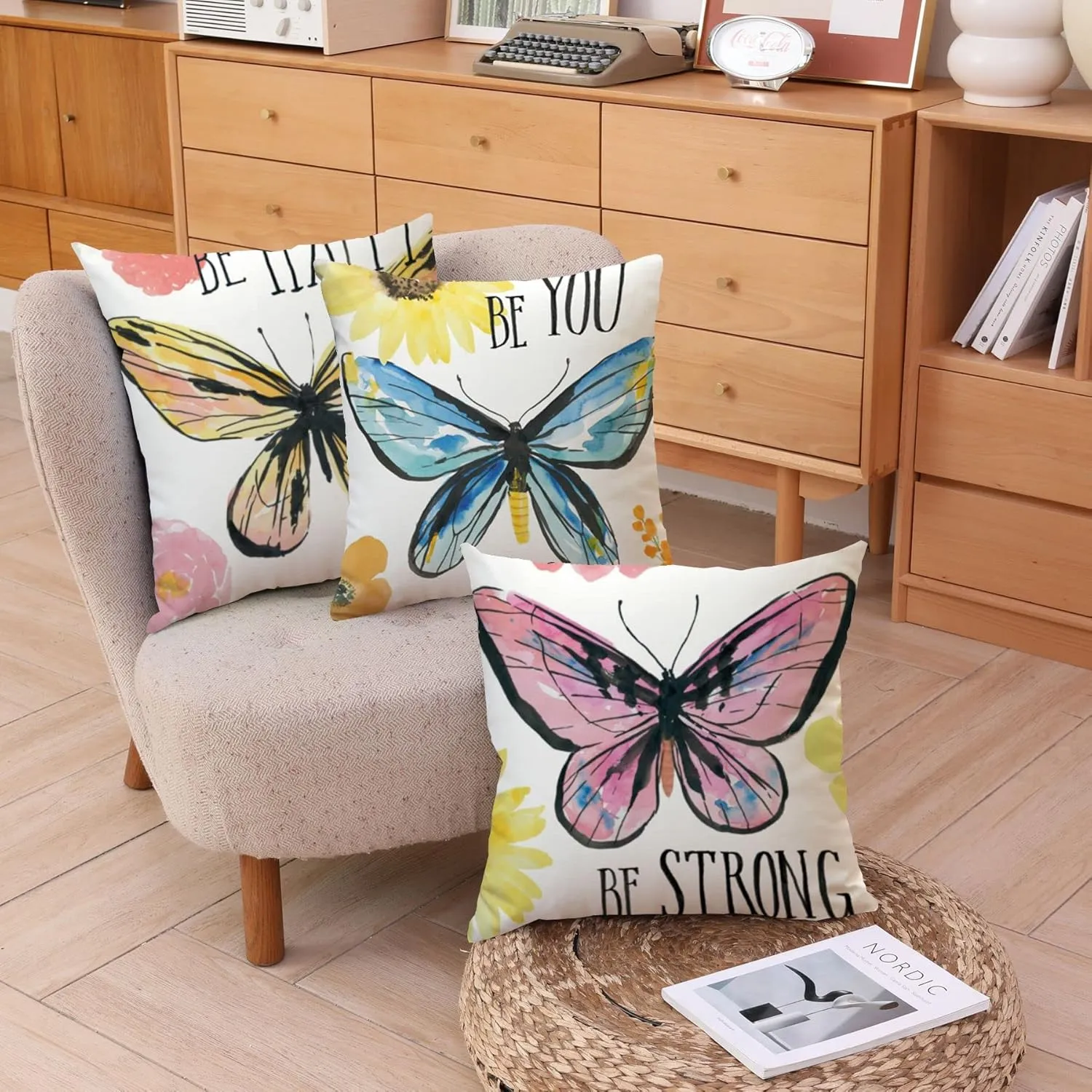 Butterfly Decorative Throw Pillow Cover Set of 4, Cushion Cover Two Sides Print Decorative Square Pillowcases Linen Cushion Cover 20 X 20 Inch 4 Pack