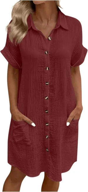 Button Down Dress for Women Summer Short Sleeve Tshirt Dresses Casual Flowy V Neck Loose Midi Beach Dress