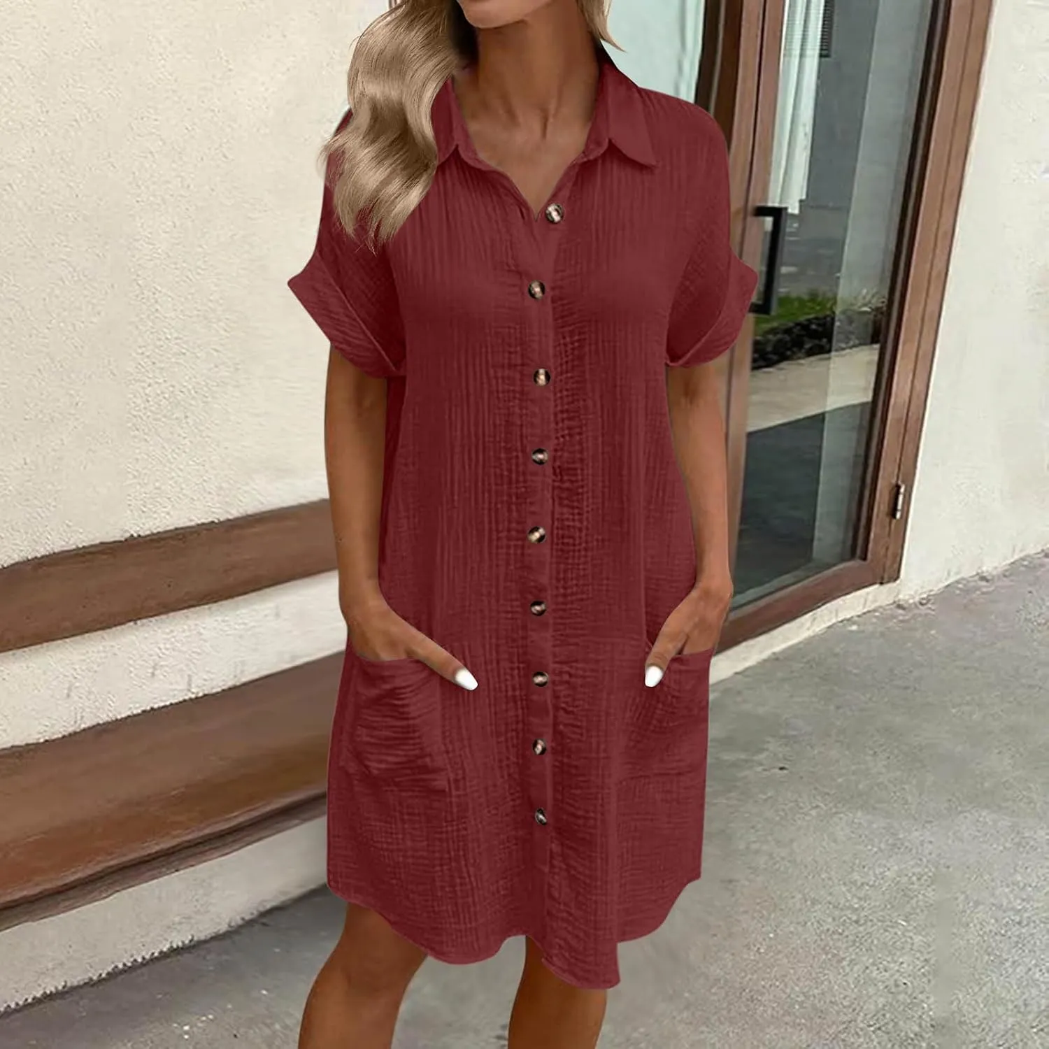 Button Down Dress for Women Summer Short Sleeve Tshirt Dresses Casual Flowy V Neck Loose Midi Beach Dress