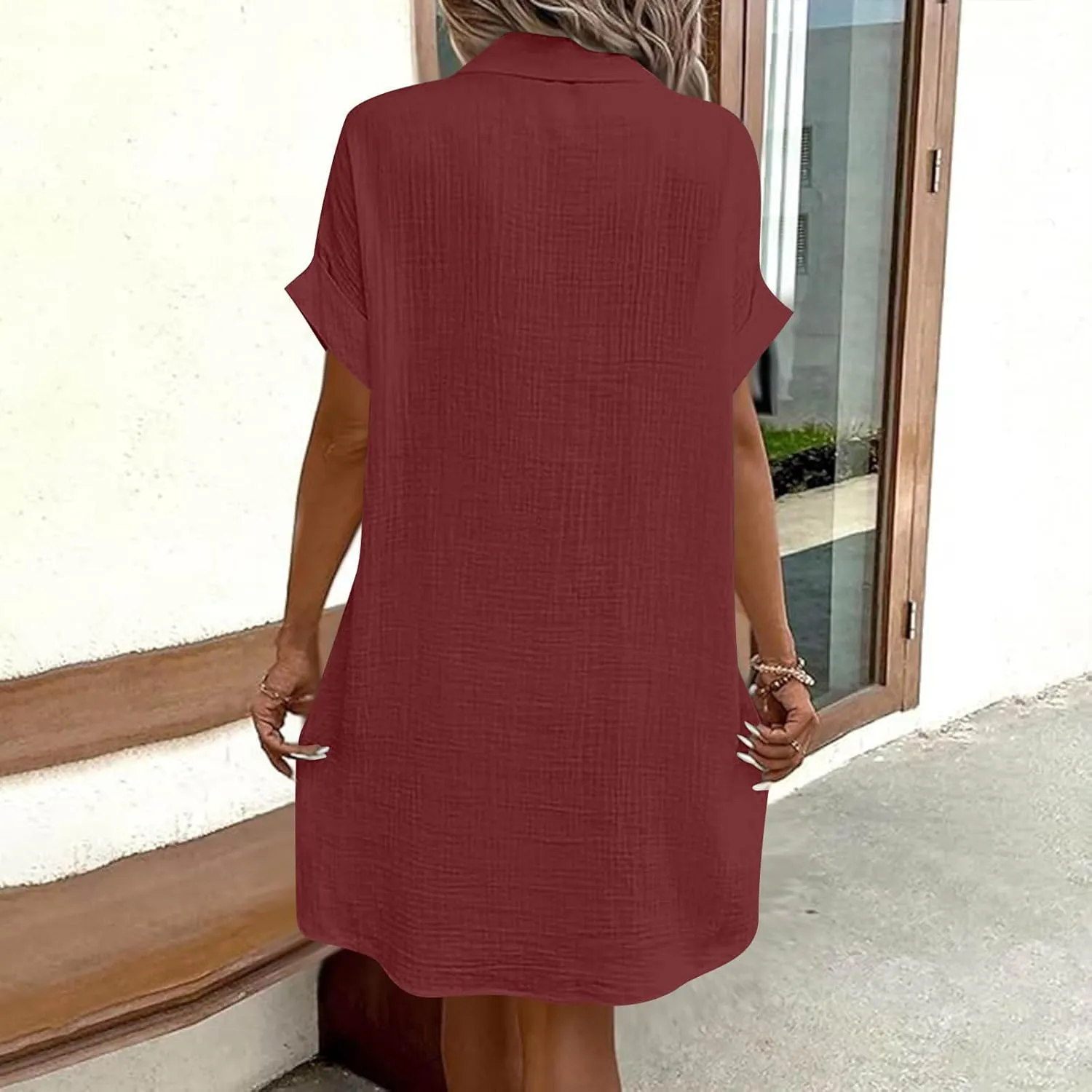 Button Down Dress for Women Summer Short Sleeve Tshirt Dresses Casual Flowy V Neck Loose Midi Beach Dress