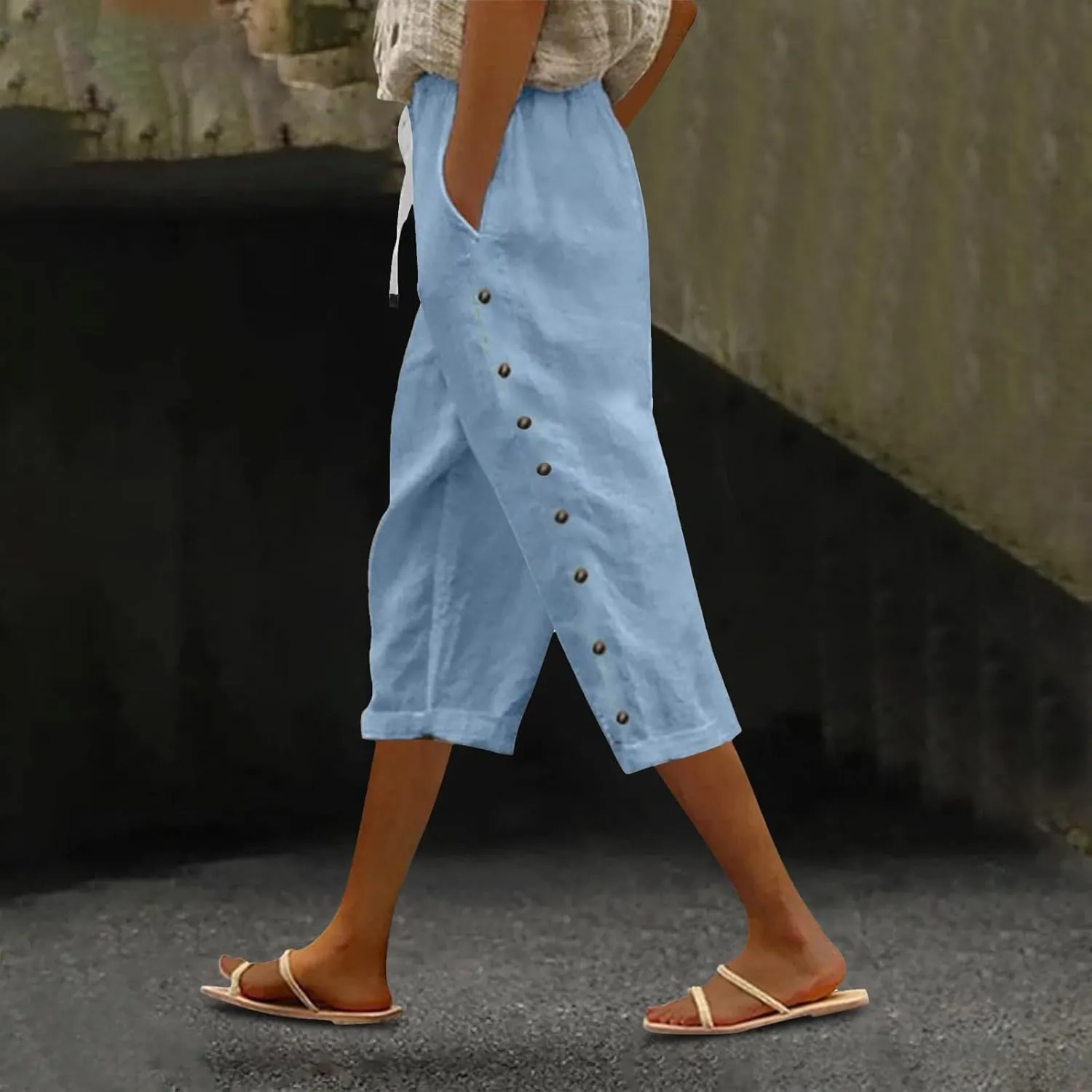 Capri Linen Pants for Women Drawstring Capri Pants with Pockets Wide Leg Cropped Pants for Capri Linen Pants for