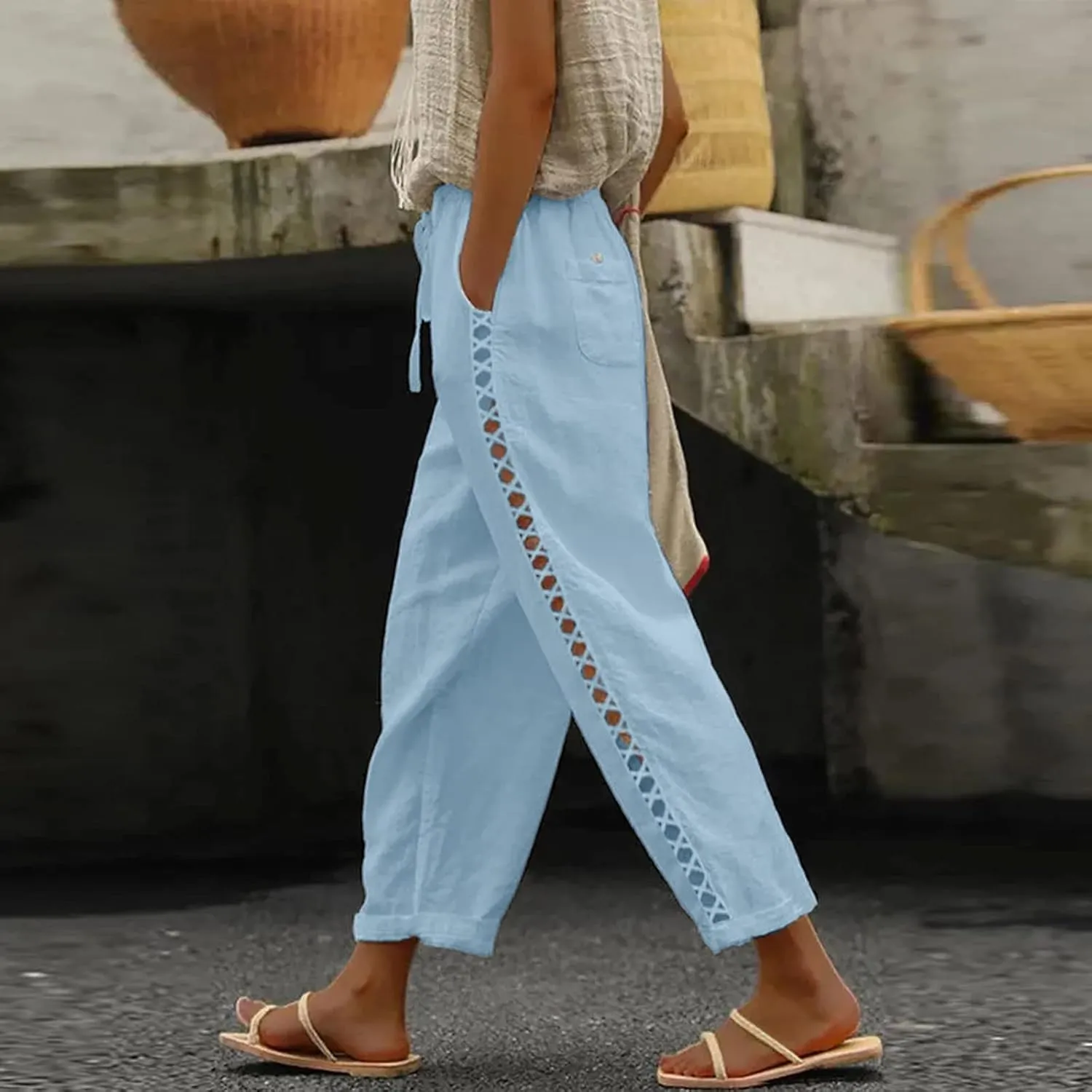Capri Linen Pants for Women Drawstring Capri Pants with Pockets Wide Leg Cropped Pants for Capri Linen Pants for