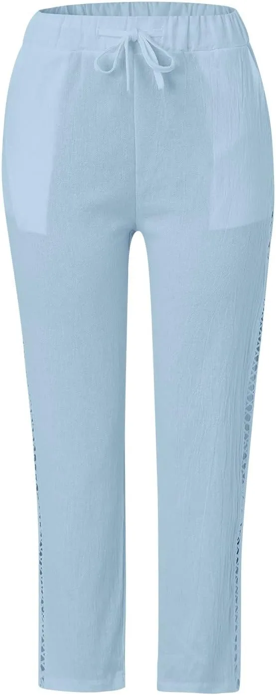 Capri Linen Pants for Women Drawstring Capri Pants with Pockets Wide Leg Cropped Pants for Capri Linen Pants for