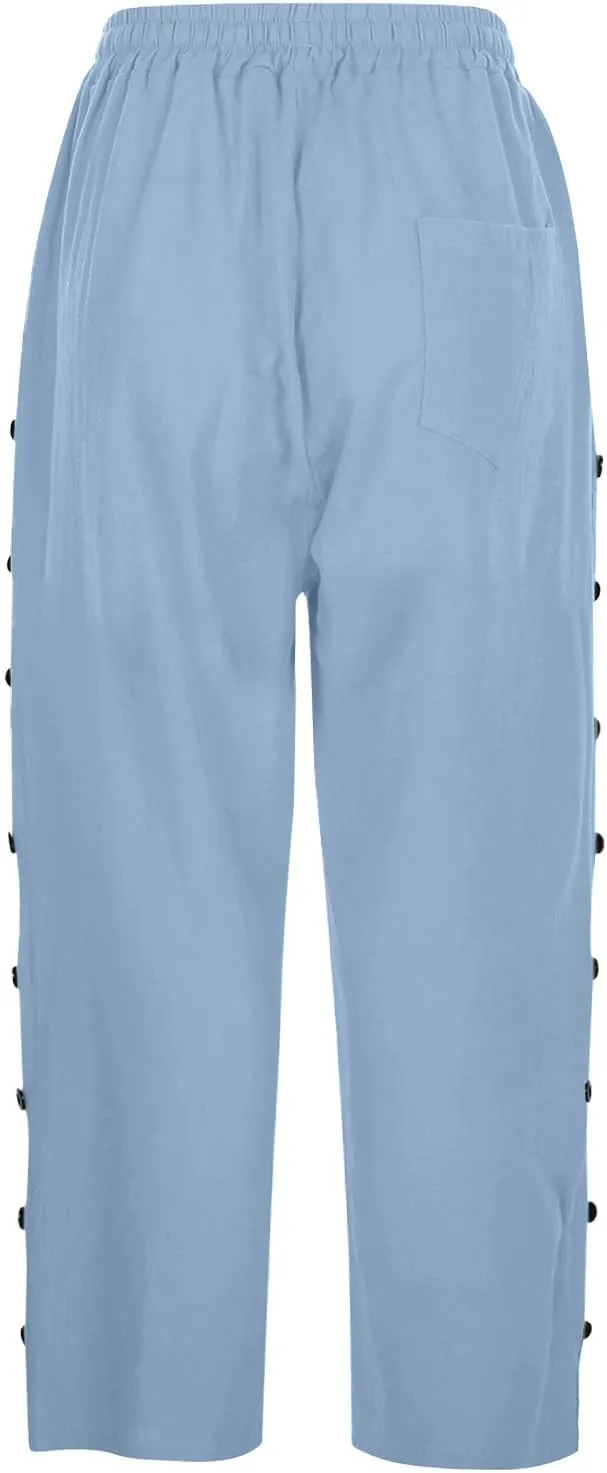 Capri Linen Pants for Women Drawstring Capri Pants with Pockets Wide Leg Cropped Pants for Capri Linen Pants for