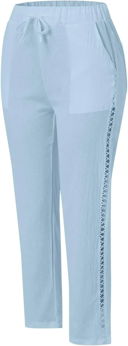 Capri Linen Pants for Women Drawstring Capri Pants with Pockets Wide Leg Cropped Pants for Capri Linen Pants for