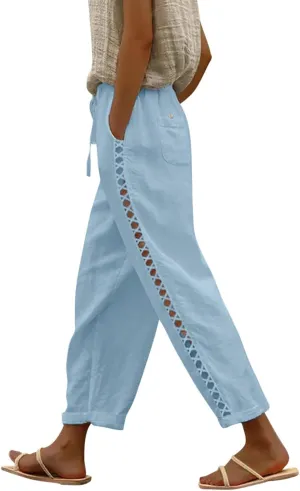 Capri Linen Pants for Women Drawstring Capri Pants with Pockets Wide Leg Cropped Pants for Capri Linen Pants for