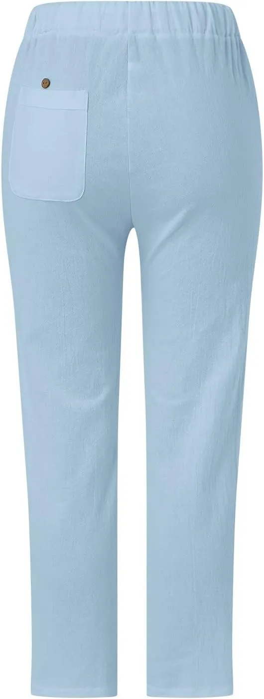 Capri Linen Pants for Women Drawstring Capri Pants with Pockets Wide Leg Cropped Pants for Capri Linen Pants for