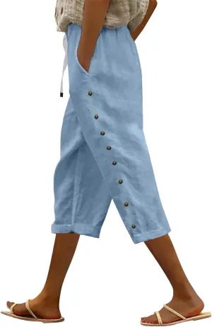 Capri Linen Pants for Women Drawstring Capri Pants with Pockets Wide Leg Cropped Pants for Capri Linen Pants for