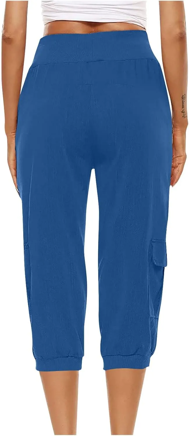 Capri Pants for Women High Waisted Cotton Linen Solid Color Trousers Elastic Sports Loose Flowy Pants with Pockets