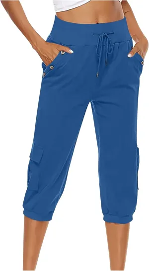 Capri Pants for Women High Waisted Cotton Linen Solid Color Trousers Elastic Sports Loose Flowy Pants with Pockets