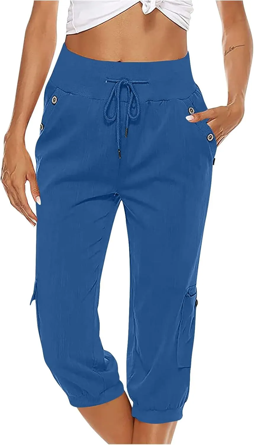 Capri Pants for Women High Waisted Cotton Linen Solid Color Trousers Elastic Sports Loose Flowy Pants with Pockets