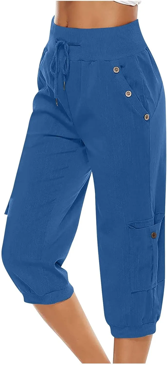 Capri Pants for Women High Waisted Cotton Linen Solid Color Trousers Elastic Sports Loose Flowy Pants with Pockets