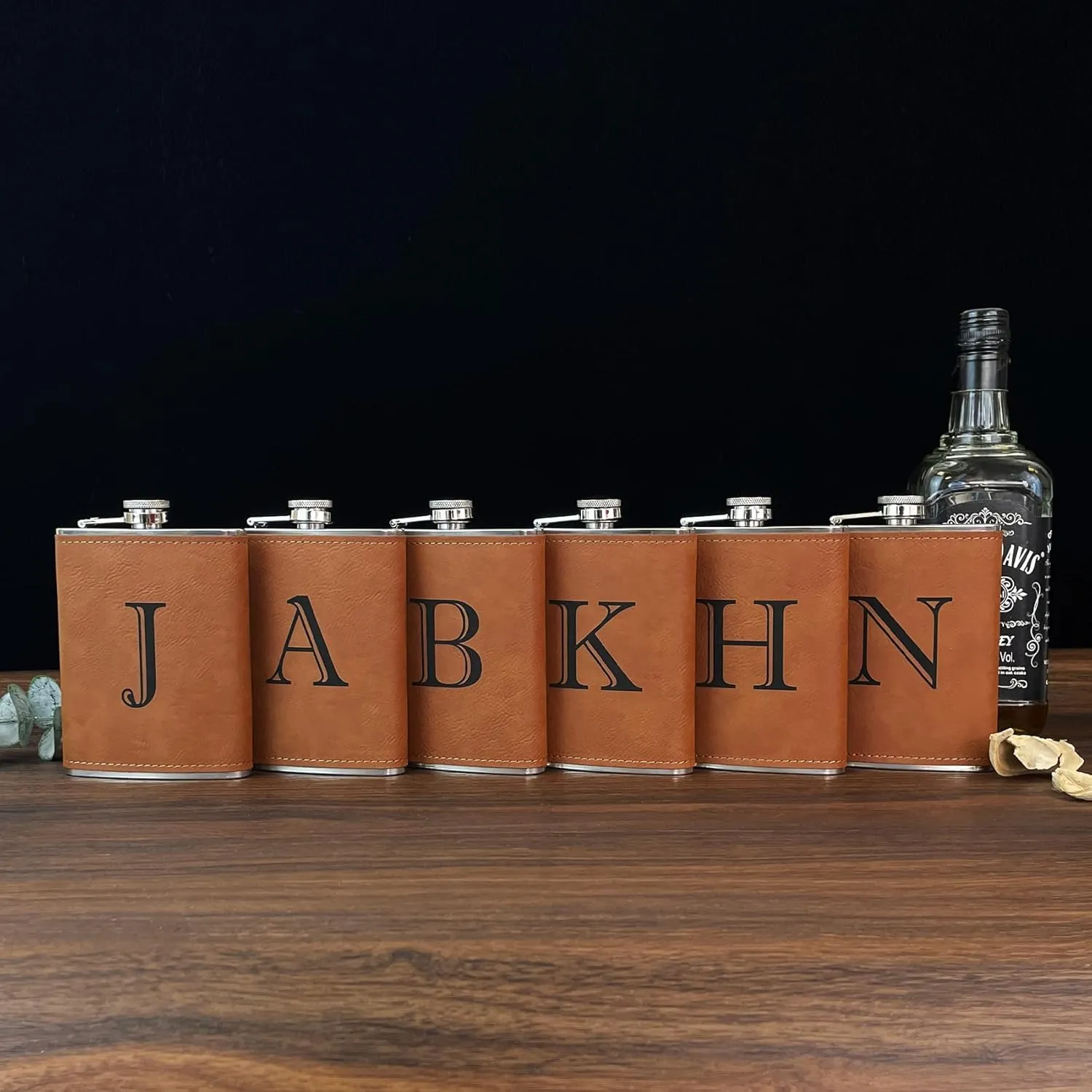 CARAKNOTS Hip Flask for Men Leather Engraved Drinking Whiskey Flasks for Liquor with Initials Stainless Steel with Funnel 8 oz Groomsmen Gifts Personalized Christmas Birthday Gifts for Him Letter L