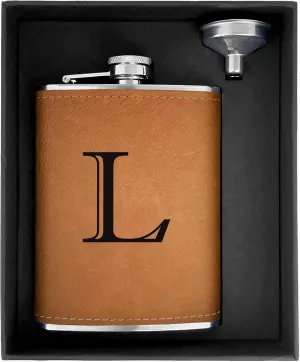 CARAKNOTS Hip Flask for Men Leather Engraved Drinking Whiskey Flasks for Liquor with Initials Stainless Steel with Funnel 8 oz Groomsmen Gifts Personalized Christmas Birthday Gifts for Him Letter L