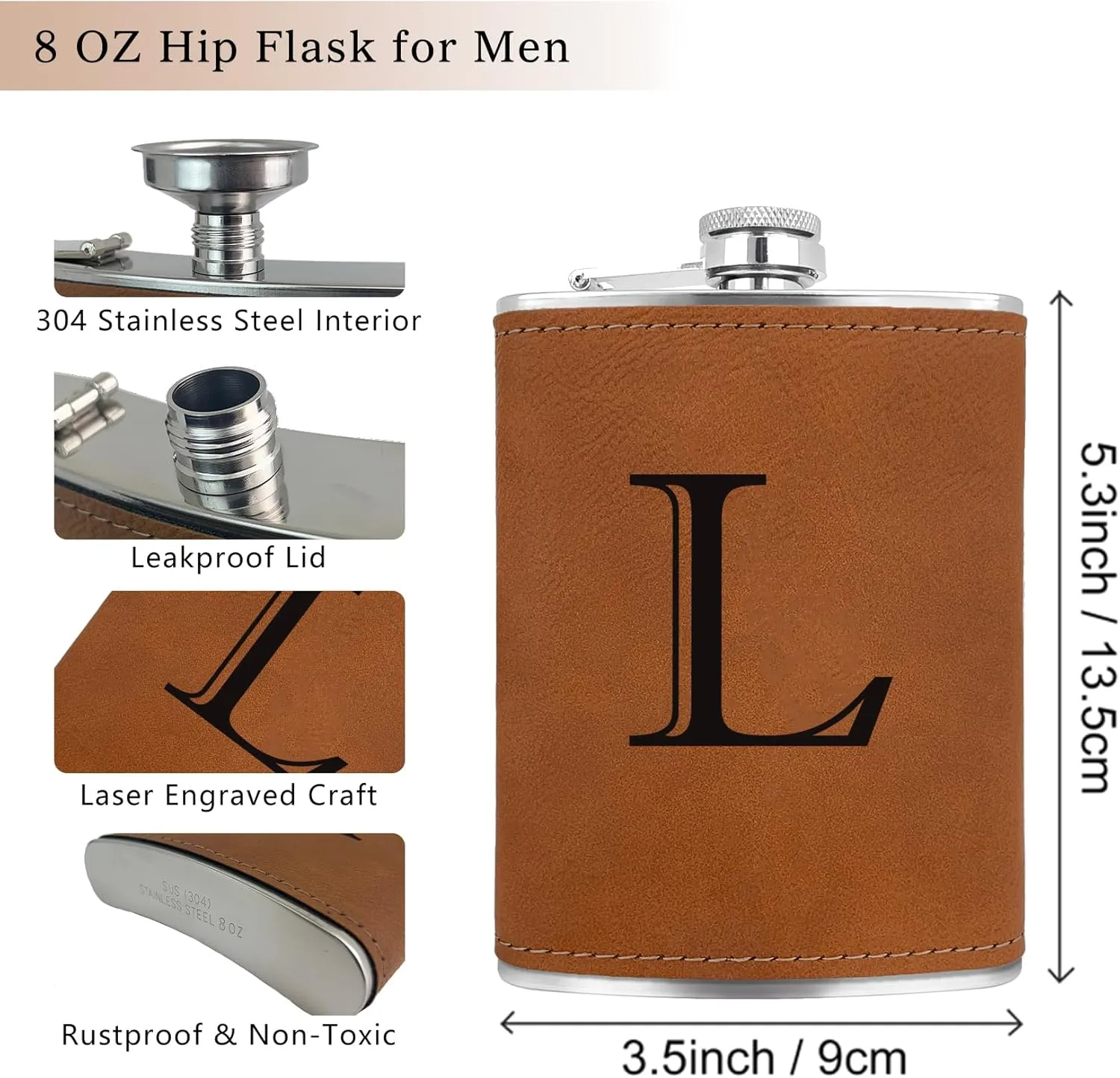 CARAKNOTS Hip Flask for Men Leather Engraved Drinking Whiskey Flasks for Liquor with Initials Stainless Steel with Funnel 8 oz Groomsmen Gifts Personalized Christmas Birthday Gifts for Him Letter L