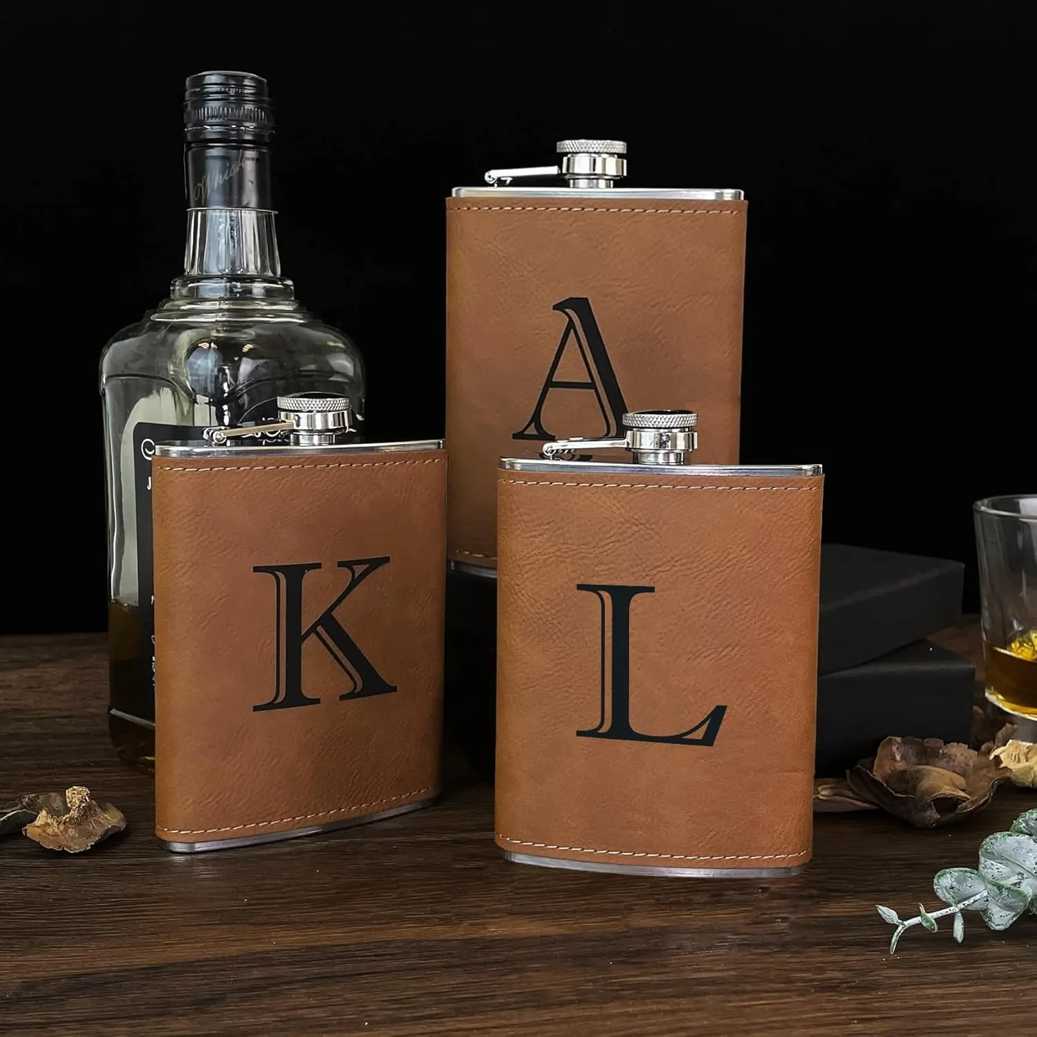 CARAKNOTS Hip Flask for Men Leather Engraved Drinking Whiskey Flasks for Liquor with Initials Stainless Steel with Funnel 8 oz Groomsmen Gifts Personalized Christmas Birthday Gifts for Him Letter L