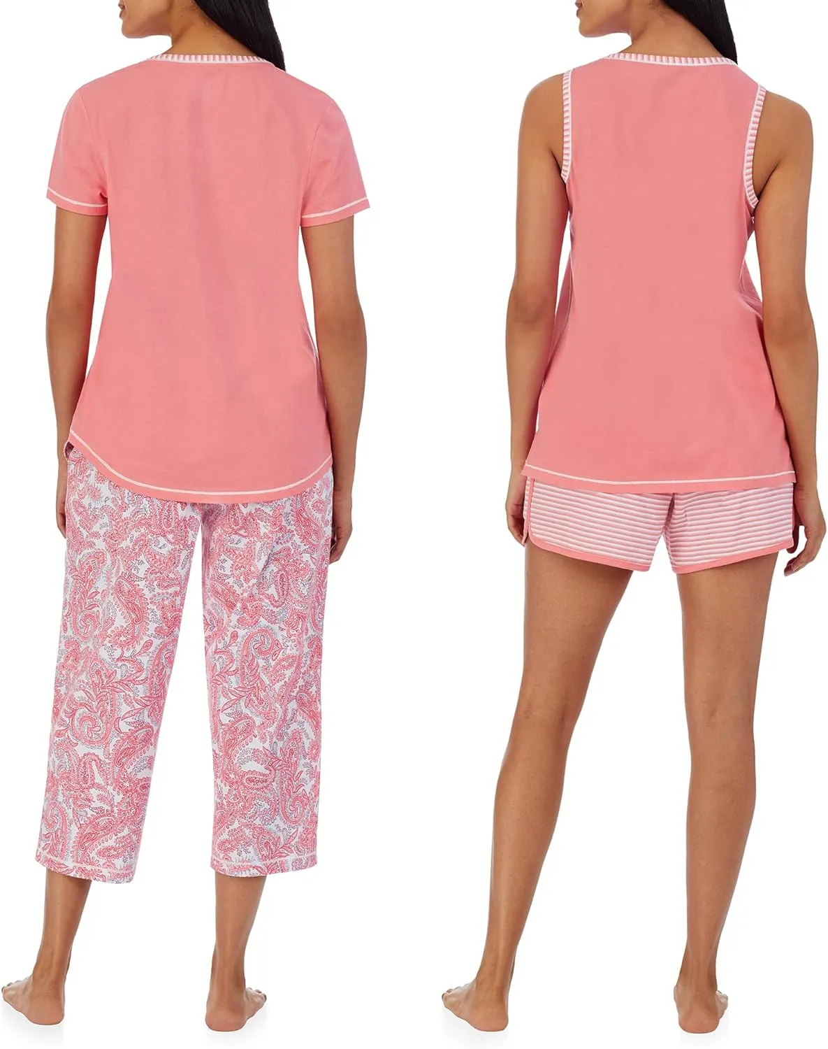 Carole Hochman Women's 4-Piece 100% Cotton Pajama Set – V-Neck T-Shirt, Tank, Capri Pants & Shorts with Drawstring & Pockets