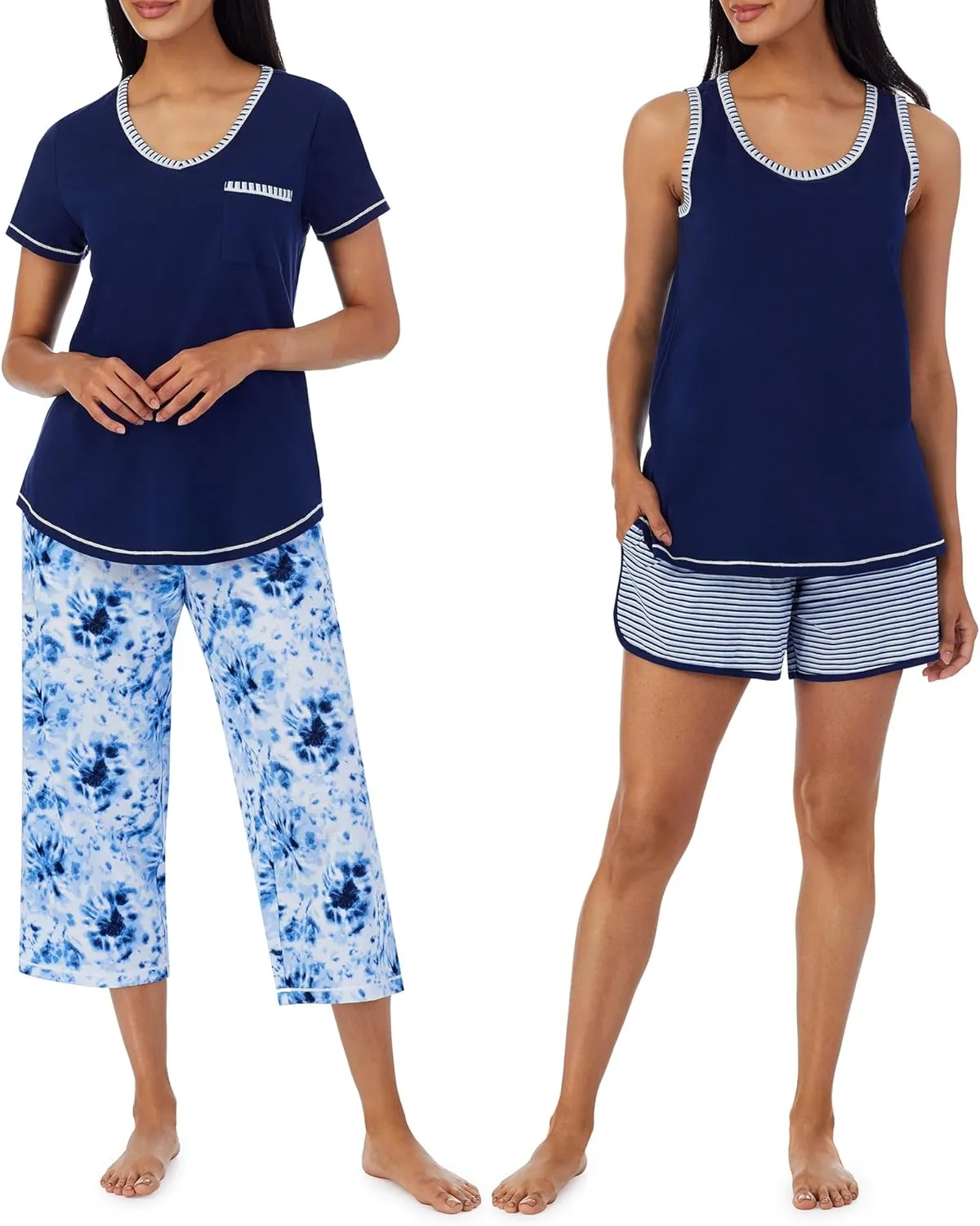 Carole Hochman Women's 4-Piece 100% Cotton Pajama Set – V-Neck T-Shirt, Tank, Capri Pants & Shorts with Drawstring & Pockets
