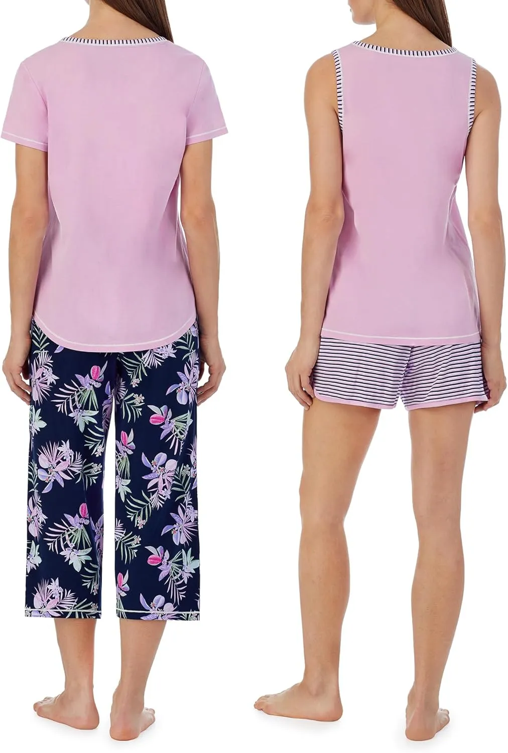 Carole Hochman Women's 4-Piece 100% Cotton Pajama Set – V-Neck T-Shirt, Tank, Capri Pants & Shorts with Drawstring & Pockets