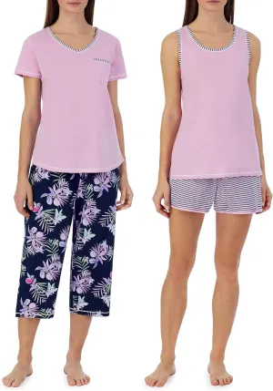 Carole Hochman Women's 4-Piece 100% Cotton Pajama Set – V-Neck T-Shirt, Tank, Capri Pants & Shorts with Drawstring & Pockets