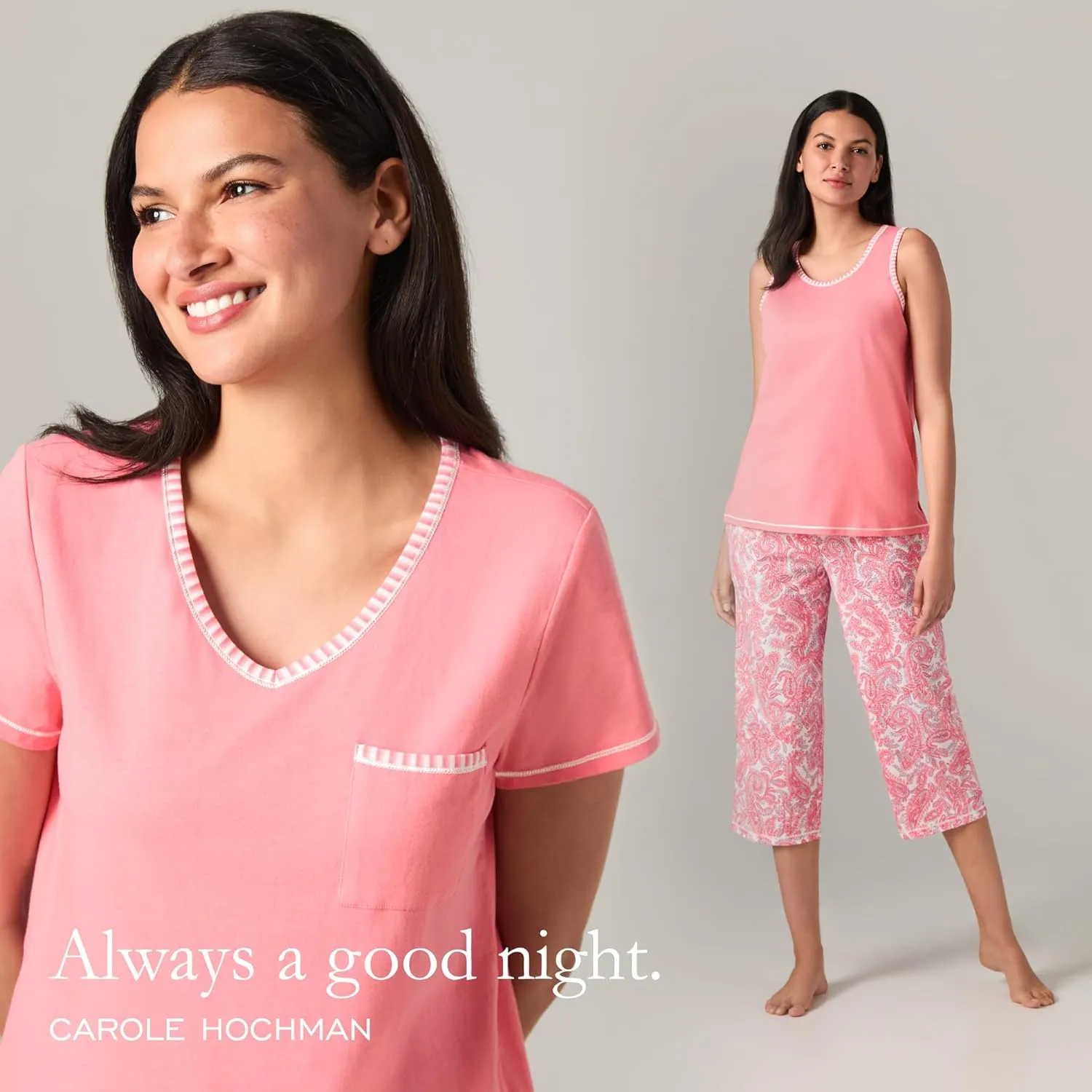 Carole Hochman Women's 4-Piece 100% Cotton Pajama Set – V-Neck T-Shirt, Tank, Capri Pants & Shorts with Drawstring & Pockets