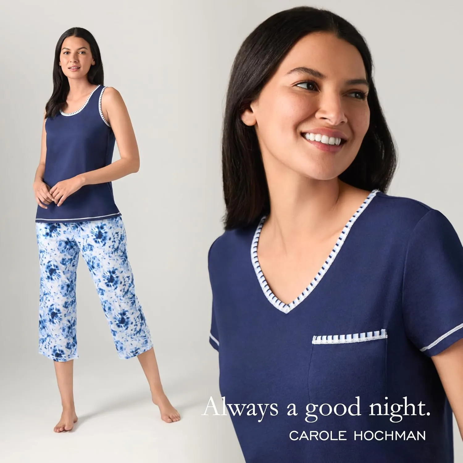 Carole Hochman Women's 4-Piece 100% Cotton Pajama Set – V-Neck T-Shirt, Tank, Capri Pants & Shorts with Drawstring & Pockets