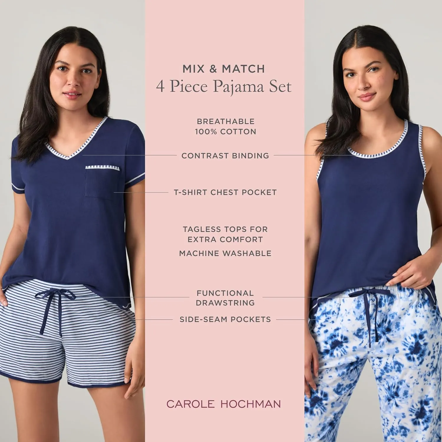 Carole Hochman Women's 4-Piece 100% Cotton Pajama Set – V-Neck T-Shirt, Tank, Capri Pants & Shorts with Drawstring & Pockets