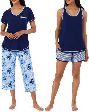 Carole Hochman Women's 4-Piece 100% Cotton Pajama Set – V-Neck T-Shirt, Tank, Capri Pants & Shorts with Drawstring & Pockets