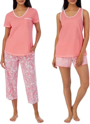 Carole Hochman Women's 4-Piece 100% Cotton Pajama Set – V-Neck T-Shirt, Tank, Capri Pants & Shorts with Drawstring & Pockets