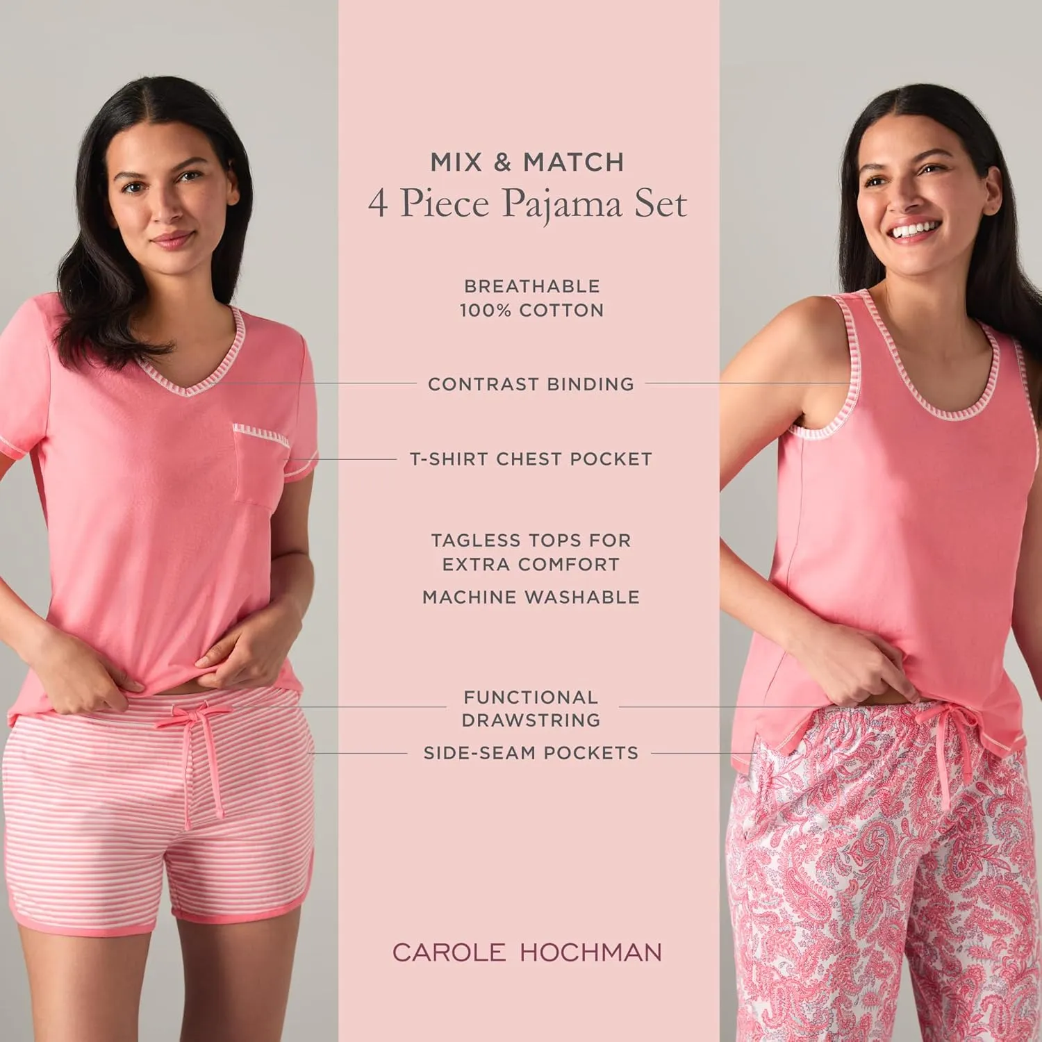 Carole Hochman Women's 4-Piece 100% Cotton Pajama Set – V-Neck T-Shirt, Tank, Capri Pants & Shorts with Drawstring & Pockets