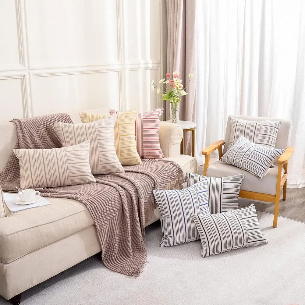 CARRIE HOME Mustard Yellow and Beige Farmhouse European Pillow Covers 24 x 24 Set of 2 Striped Patchwork Decorative Modern Pillows for Bedroom Couch and Sofa