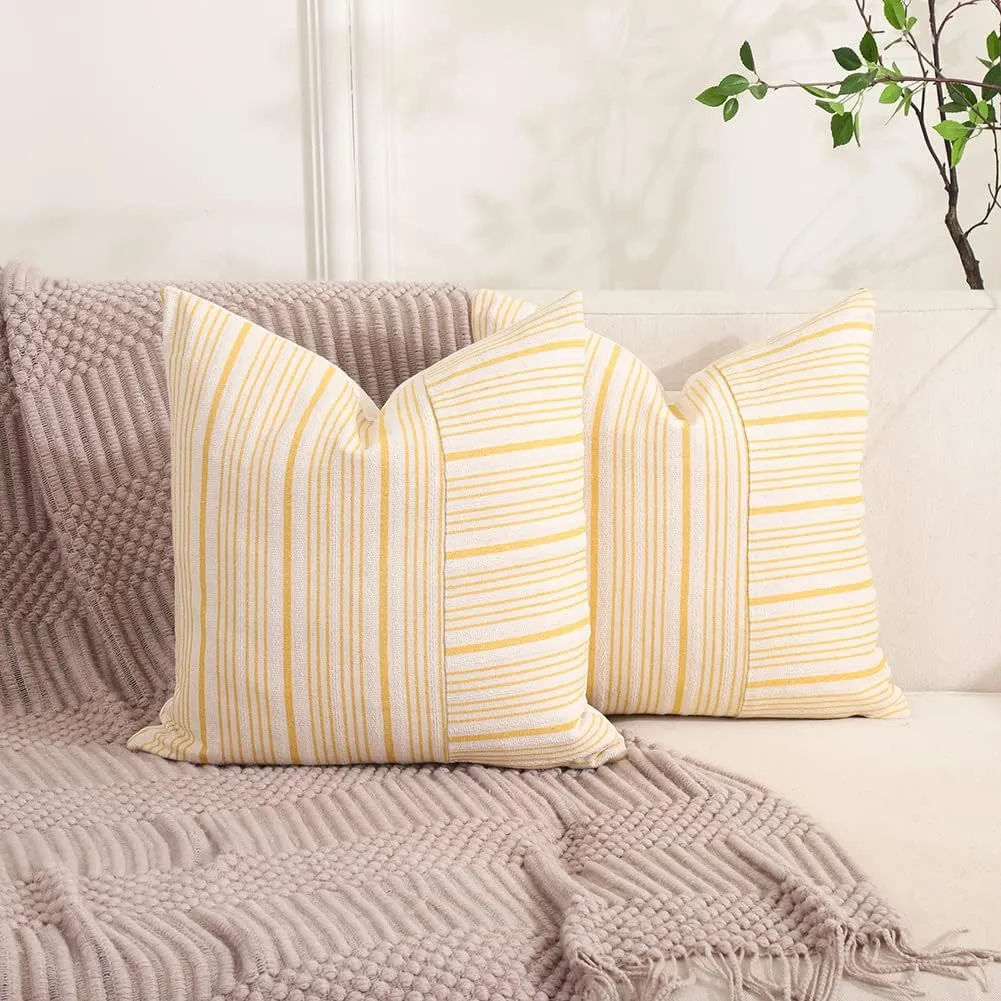 CARRIE HOME Mustard Yellow and Beige Farmhouse European Pillow Covers 24 x 24 Set of 2 Striped Patchwork Decorative Modern Pillows for Bedroom Couch and Sofa
