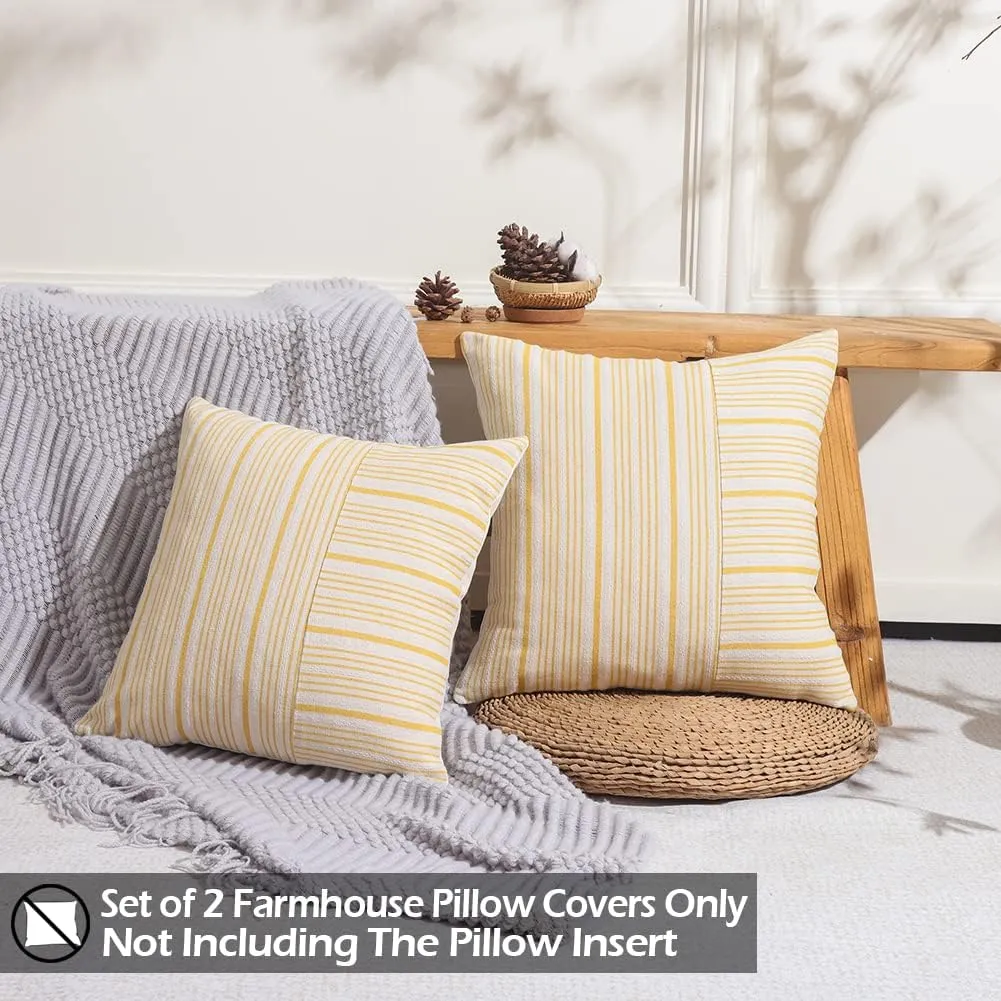 CARRIE HOME Mustard Yellow and Beige Farmhouse European Pillow Covers 24 x 24 Set of 2 Striped Patchwork Decorative Modern Pillows for Bedroom Couch and Sofa