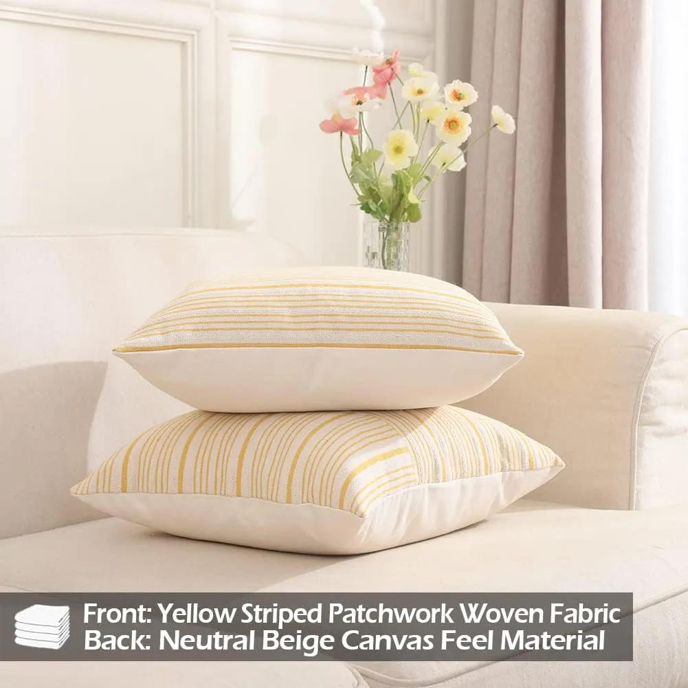 CARRIE HOME Mustard Yellow and Beige Farmhouse European Pillow Covers 24 x 24 Set of 2 Striped Patchwork Decorative Modern Pillows for Bedroom Couch and Sofa