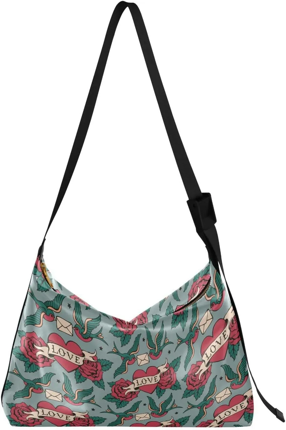 Casual Shoulder Bag Crossbody Swallow Love Rose Pattern Hobo Handbag Purses with Wide Shoulder Strap Trendy Large Messenger Bag Tote Bags for Women Men