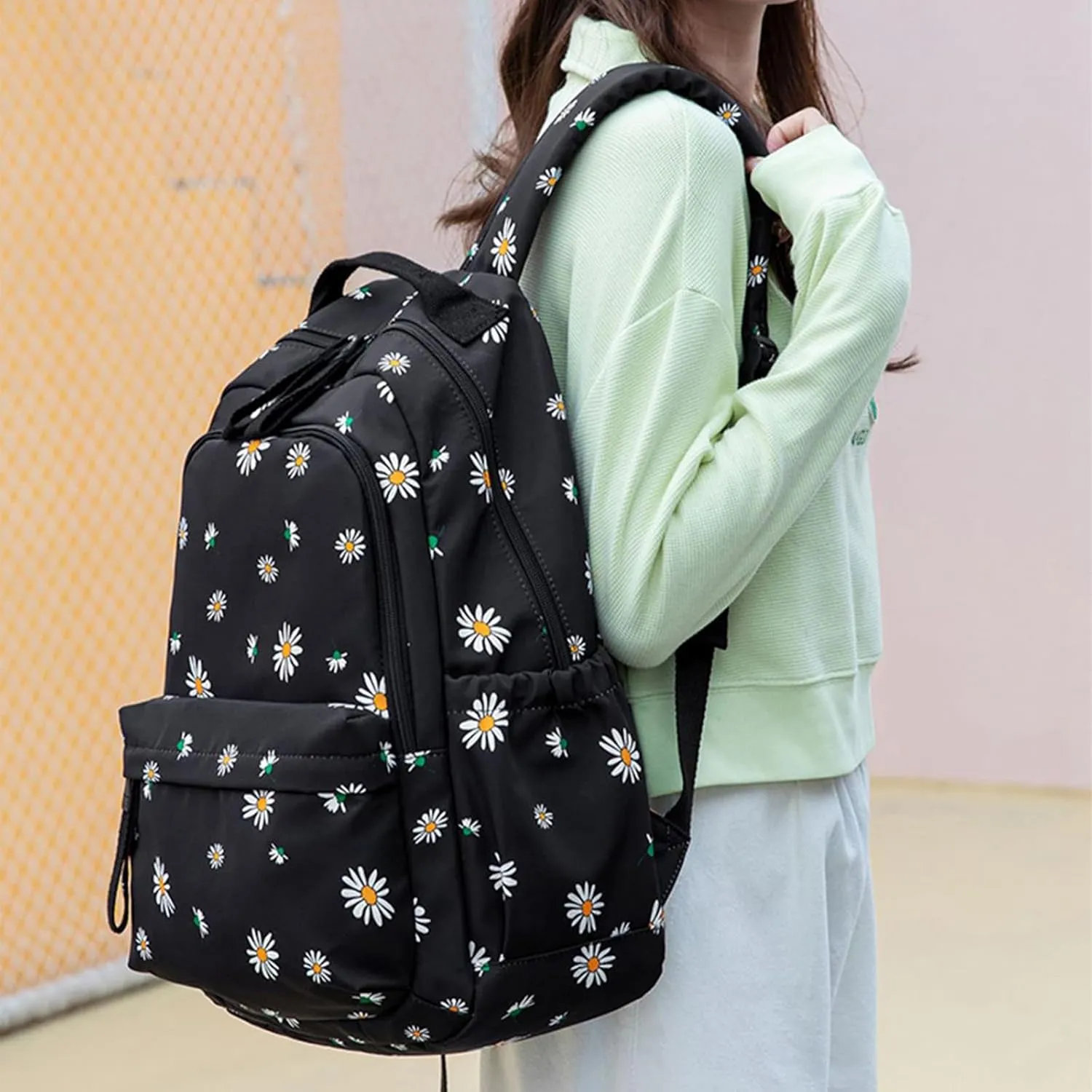 Cat Backpack for Girls School Cute Elementary School Backpacks Students Bookbag for Women (Black Flower)