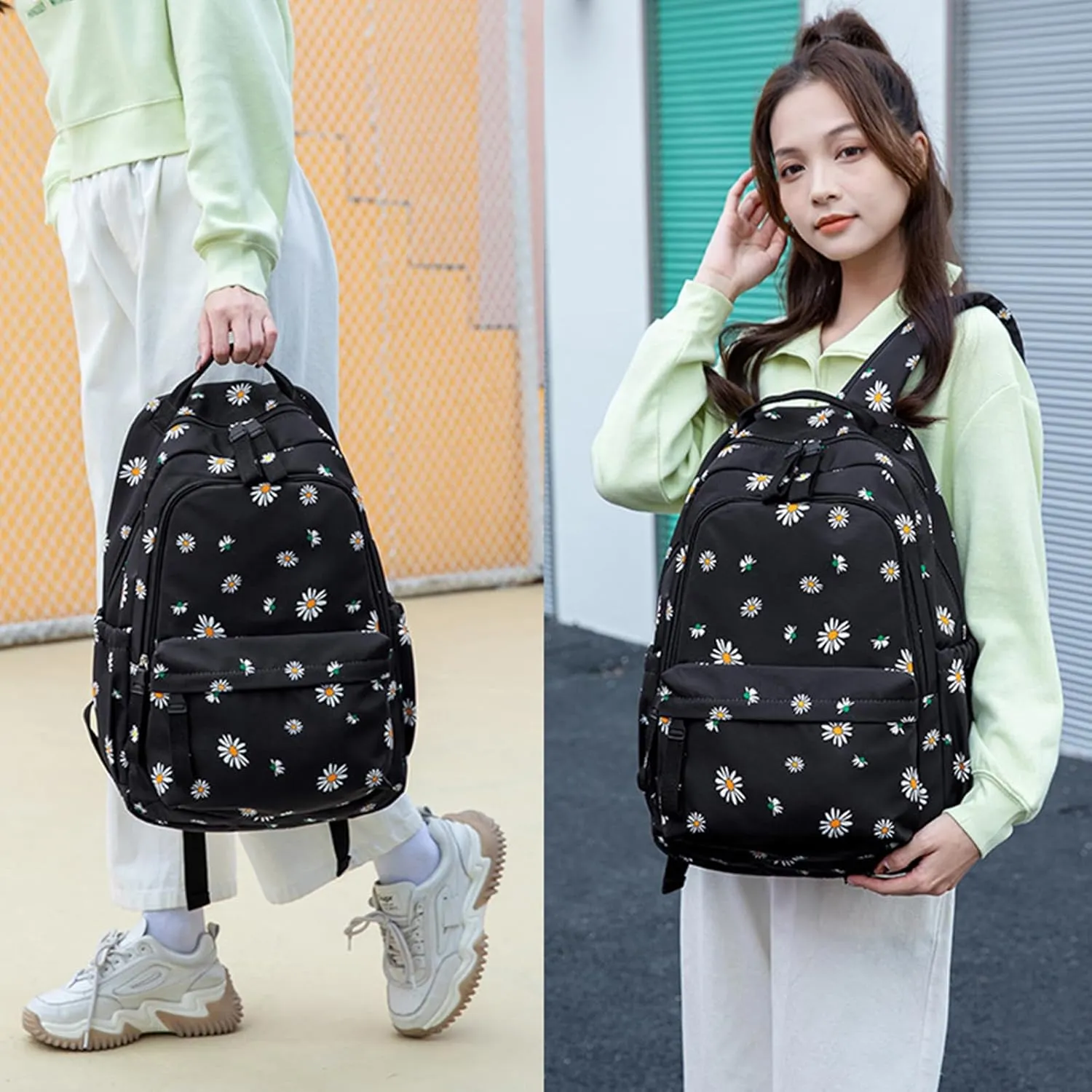 Cat Backpack for Girls School Cute Elementary School Backpacks Students Bookbag for Women (Black Flower)