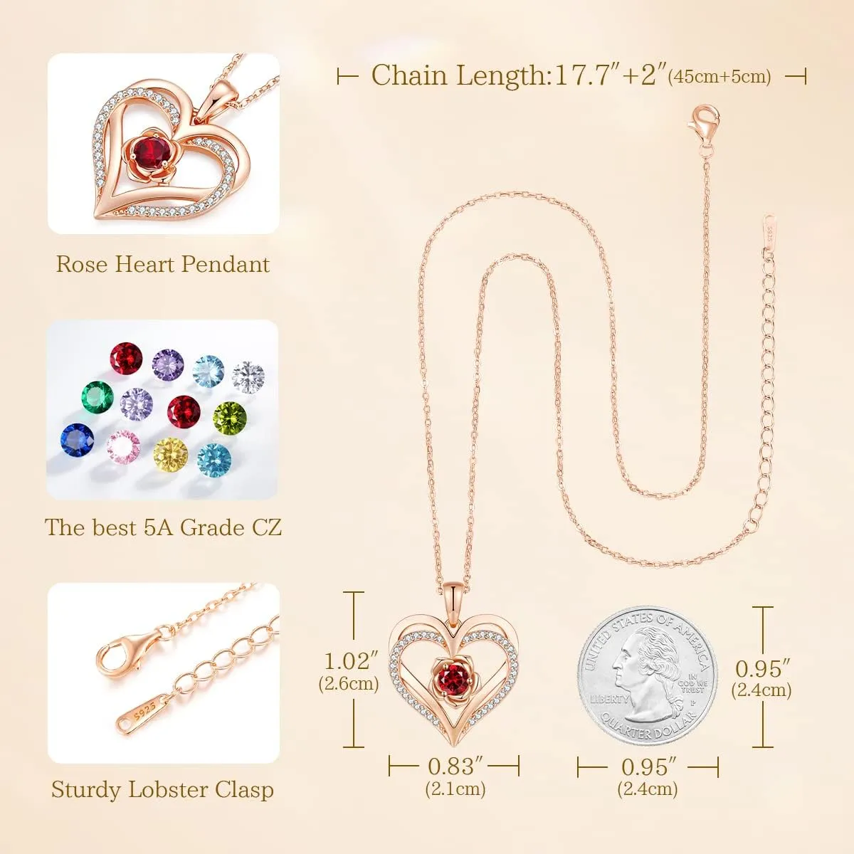 CDE Mothers Day Gifts for Mom, S925 Silver Rose Gold Heart Birthstone Necklaces for Women，Ideal Anniversary or Birthday Jewelry Gifts for Wife Girlfriend Her