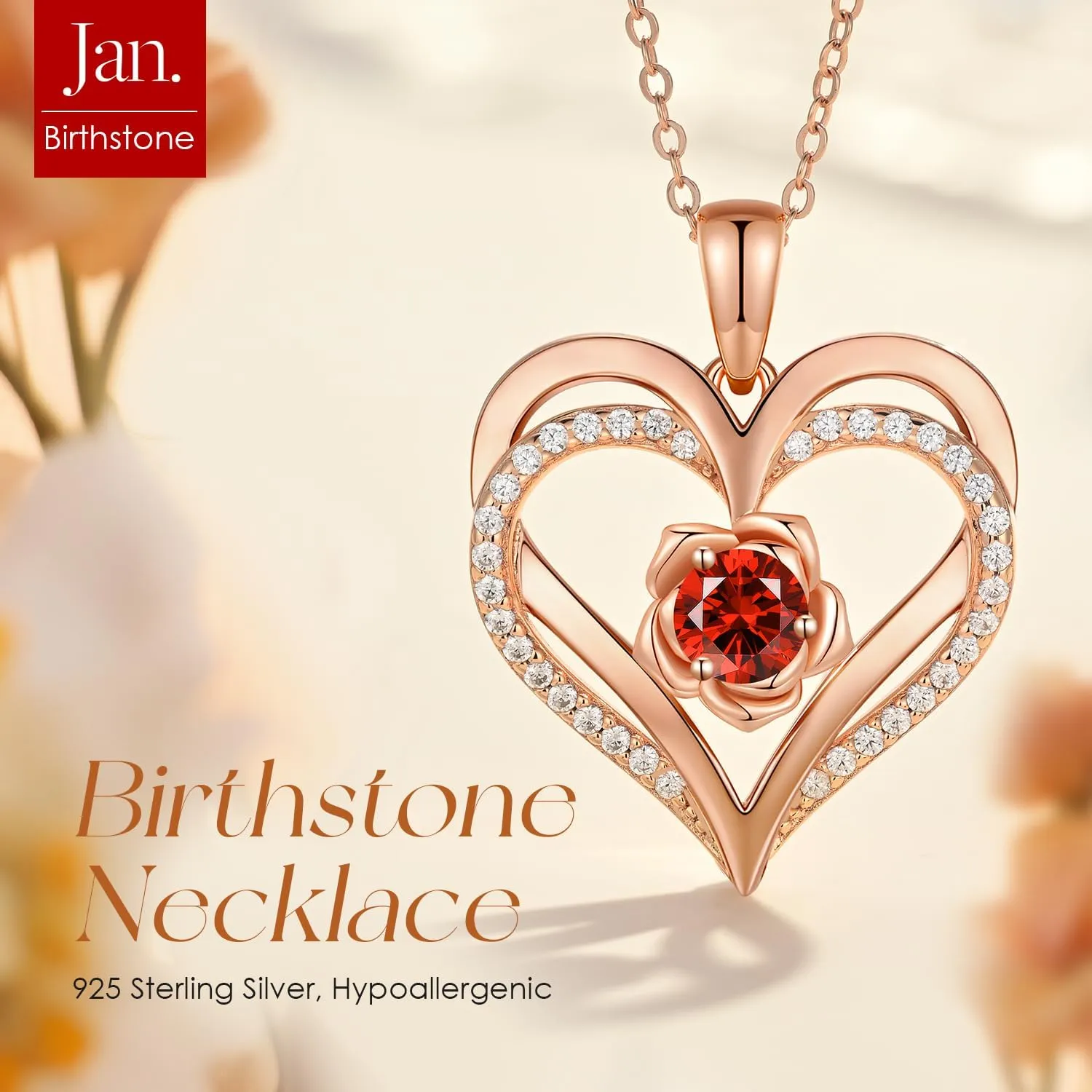 CDE Mothers Day Gifts for Mom, S925 Silver Rose Gold Heart Birthstone Necklaces for Women，Ideal Anniversary or Birthday Jewelry Gifts for Wife Girlfriend Her