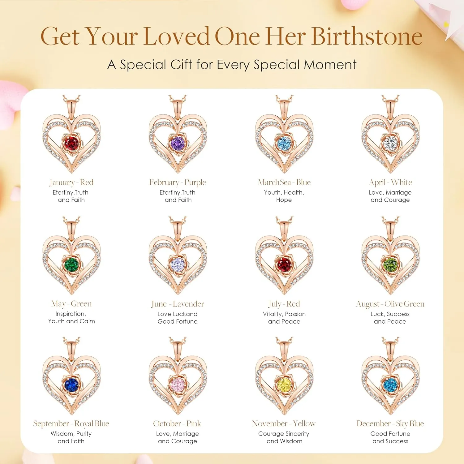 CDE Mothers Day Gifts for Mom, S925 Silver Rose Gold Heart Birthstone Necklaces for Women，Ideal Anniversary or Birthday Jewelry Gifts for Wife Girlfriend Her