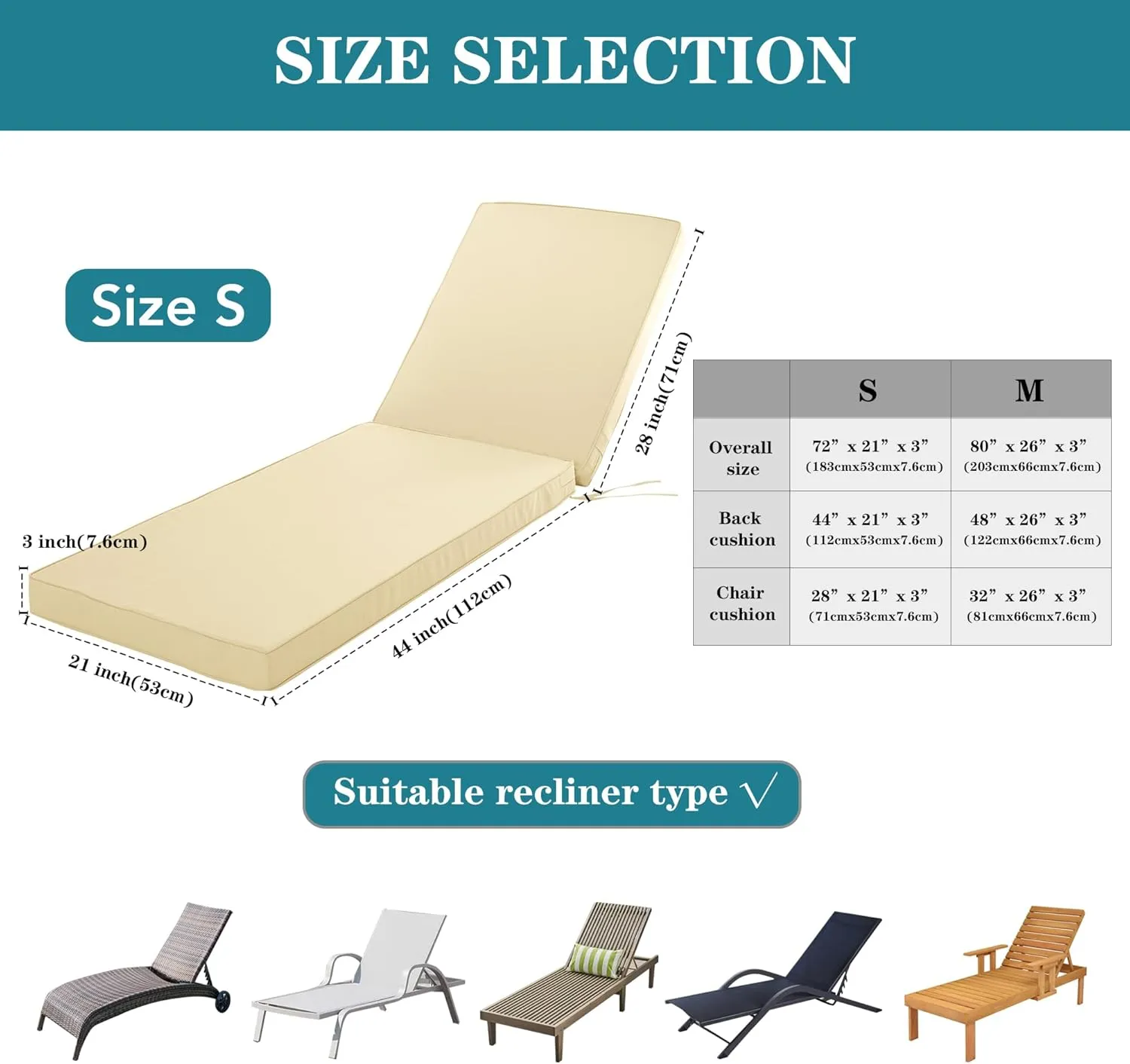 Chaise Lounge Cushion for Outdoor Furniture, Waterproof Fade and Tear Resistant Lounge Deck Chair Cushions for Patio Lawn Pool Resort Hotel, 80x26x3 Inch, Beige