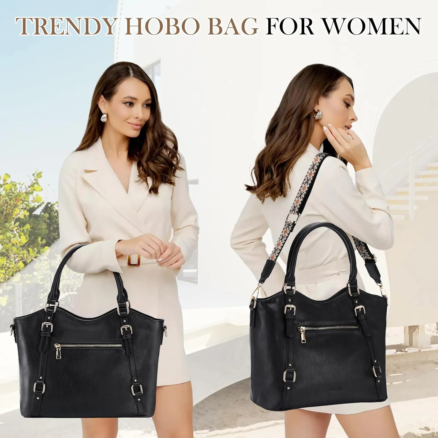 Chase Chic Leather Hobo Bags for Women, Medium Shoulder Purses Handbags Satchel Tote Purse with Crossbody Starp