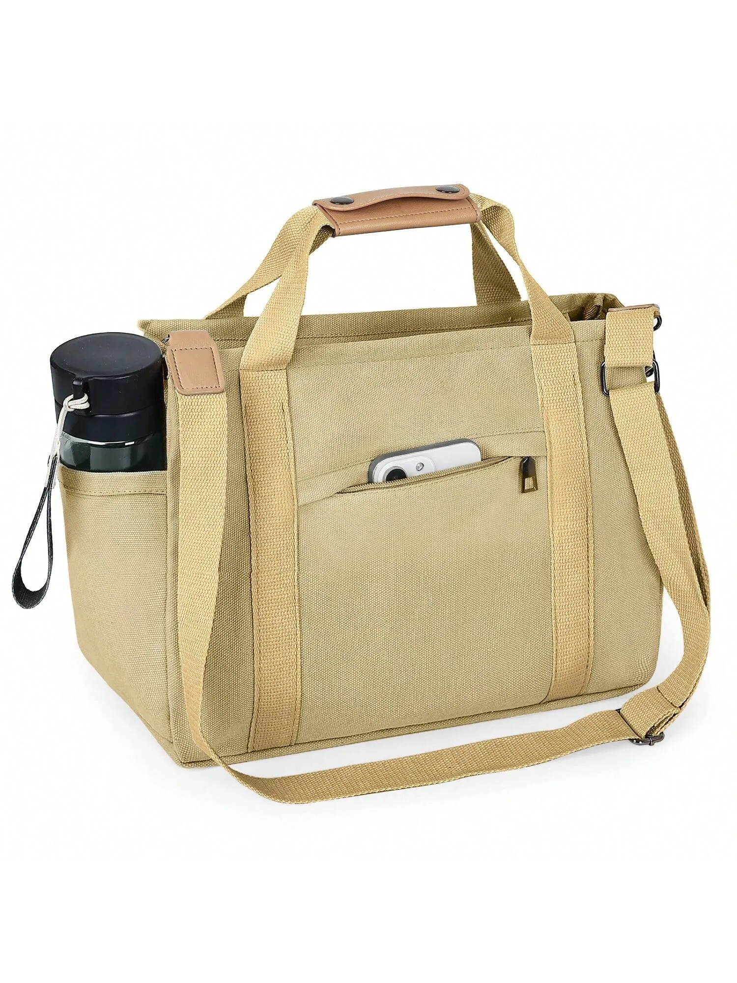 Chic Canvas Tote Bag with Pockets: Stylish Crossbody Shoulder Purse for Work and Travel