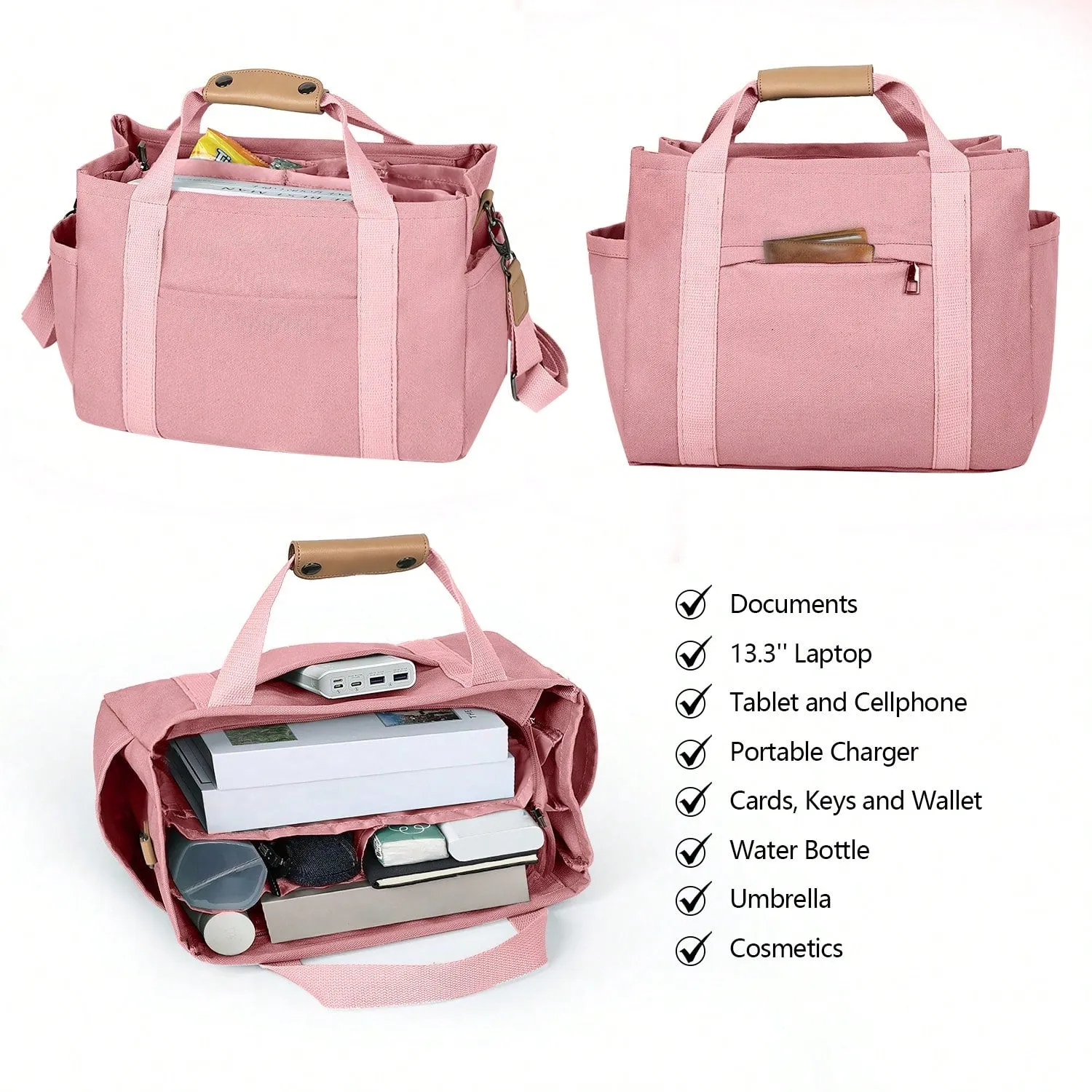 Chic Canvas Tote Bag with Pockets: Stylish Crossbody Shoulder Purse for Work and Travel