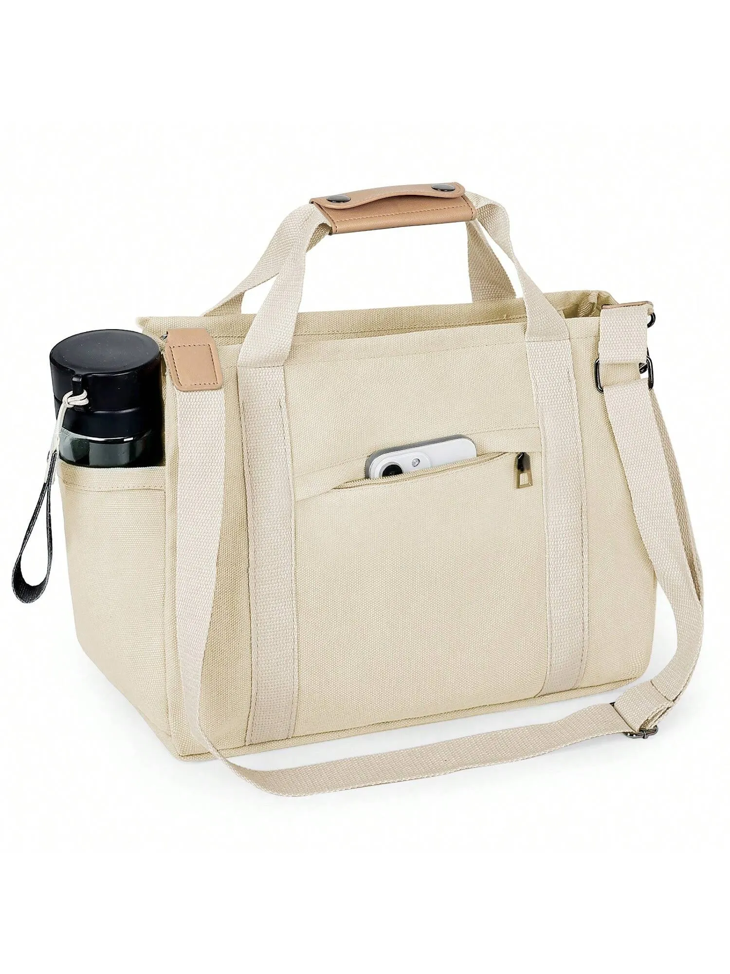Chic Canvas Tote Bag with Pockets: Stylish Crossbody Shoulder Purse for Work and Travel
