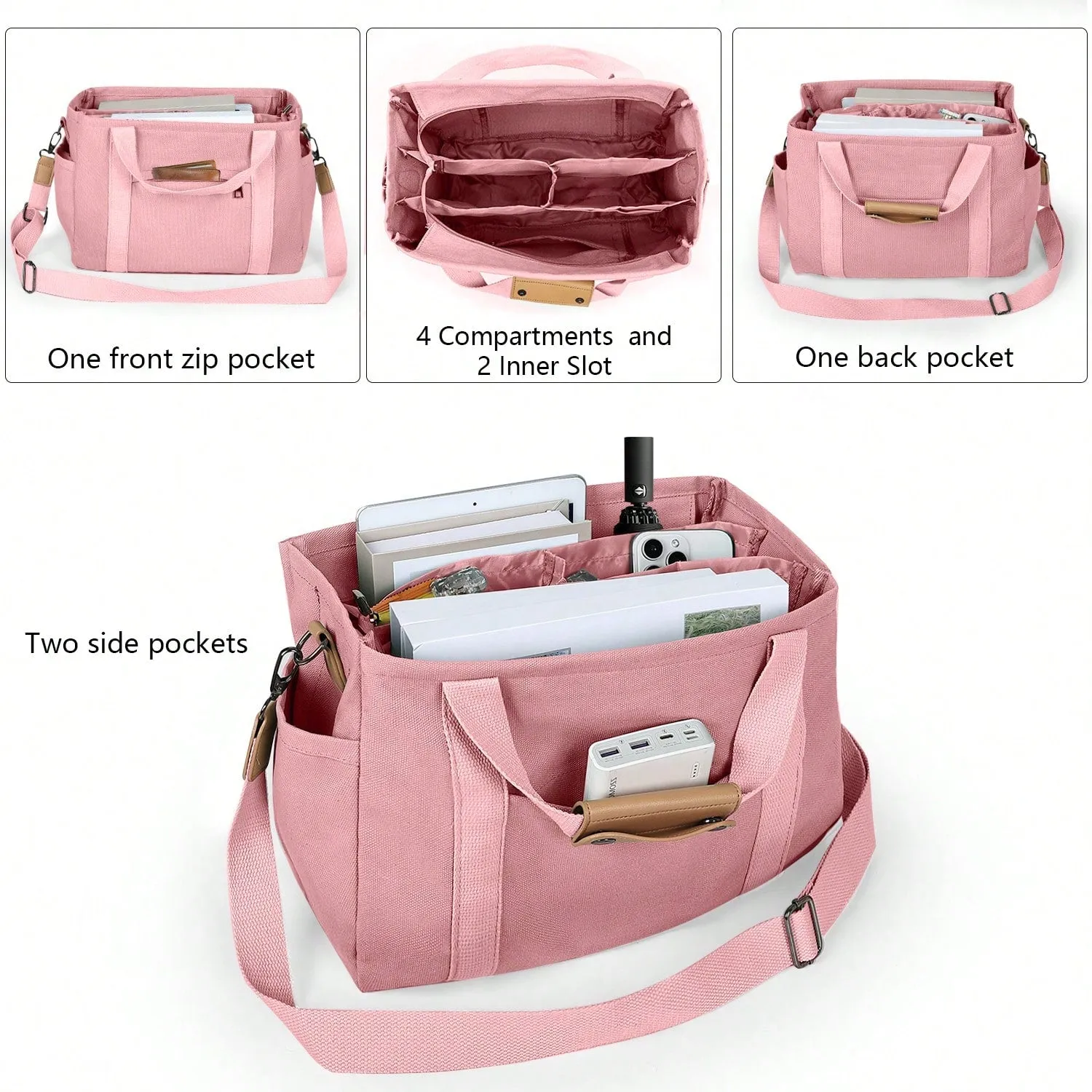Chic Canvas Tote Bag with Pockets: Stylish Crossbody Shoulder Purse for Work and Travel