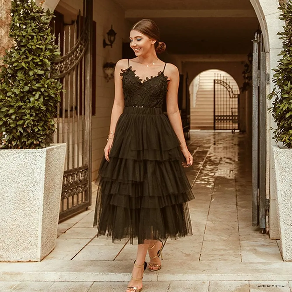 CHICWISH Women's Nude Pink/Black Tiered Layered Mesh Ballet Prom Party Tulle Tutu A-line Midi Skirt