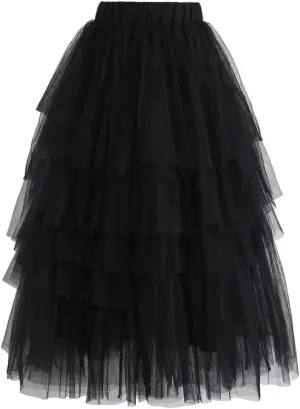 CHICWISH Women's Nude Pink/Black Tiered Layered Mesh Ballet Prom Party Tulle Tutu A-line Midi Skirt