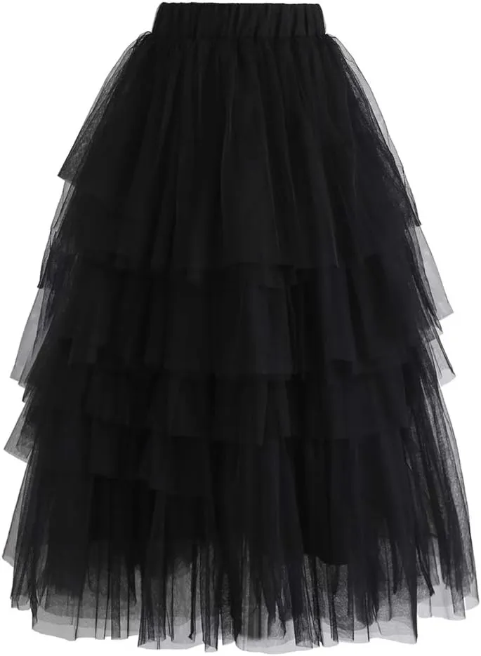 CHICWISH Women's Nude Pink/Black Tiered Layered Mesh Ballet Prom Party Tulle Tutu A-line Midi Skirt